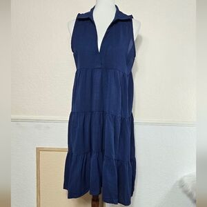 Umgee Blue Sleevless Collared Tiered Dress, Size Small